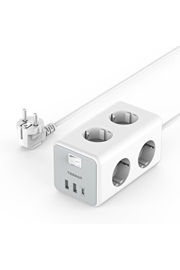 TESSAN Prelungitor tip cub TS-306-C, 6 prize, 2 USB, 1 USB-C, 3A, cablu 2m