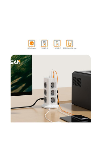 TESSAN Prelungitor tip Turn TPS04-DE, 12 prize, 3 USB, 1 USB-C, 3A, cablu 2m