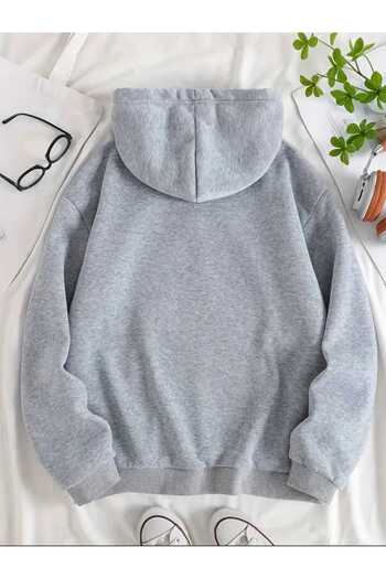 caddekombin Big Wolt Printed Hooded Pocket Wool Inside Gray Sweatshirt