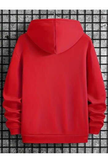 caddekombin Get Jinxed Graffiti Printed Hooded Pocket Red Sweatshirt with Wool Inside