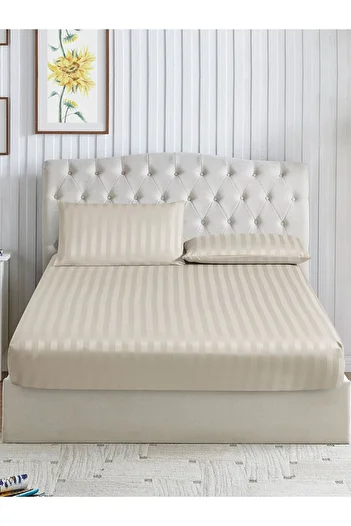 Donetella Striped Fitted Sheet Set 200x200 cm Super King – 1 Fitted Sheet + 2 Pillowcases, 35cm Deep