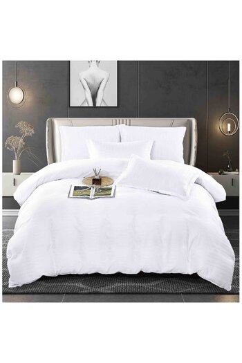JOJO HOME Lenjerie de Pat Damasc 6 Piese, Dungi Duble, 230 x 240 cm Alb
