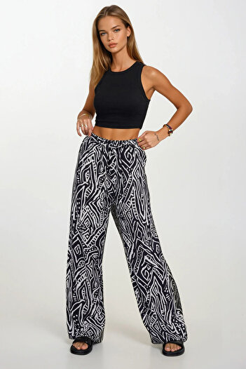 VAGGON Women's White Stripes Elastic Waist Lace-Up Patterned Viscose Palazzo Pants Vs00371