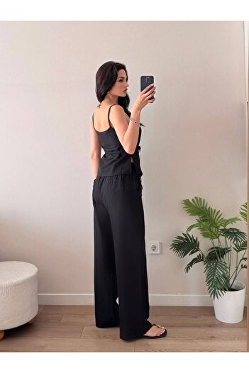 LOCH BUTİK Women's Black Tie-Up Strap Double Suit