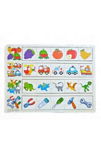 Star Master Plansa cu 4 categorii de puzzle de asociere din lemn – model fructe, vehicule, dinozauri, unelte