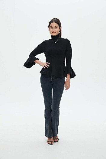 Nichii Women's Solid 3/4 Sleeve Blouse with Front Ruffle Detail