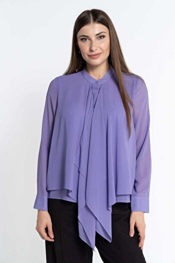 Nichii Women's Solid Long Sleeve Blouse with Neck Tie