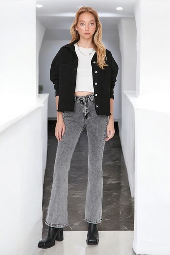 byhaziran butik Genoveva Women's High Waist Smoked Flare Jeans