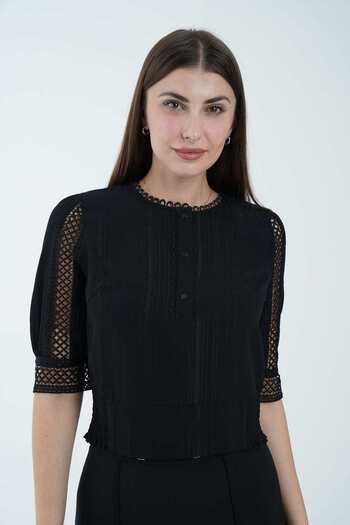 Nichii Women's 3/4 Sleeve Front Button Top with Lace Cuffs