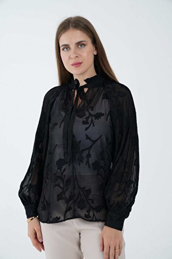 Nichii Women's Long Sleeve Sheer Floral Blouse with Neck Tie