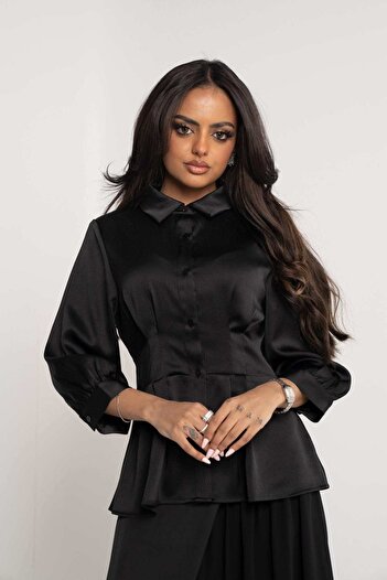 Nichii Women's Solid Button-Up Long Sleeve Shirt with Fitted Waist