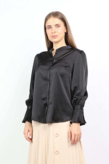 Nichii Women's Satin Button-Up Blouse with Long Sleeves and Cuffs