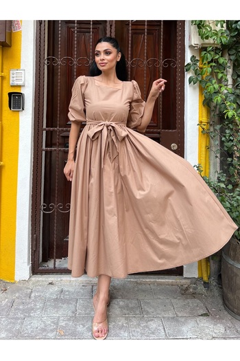 KÜÇÜĞÜM BUTİK Milky Coffee Big Bow Square Neck Poplin Flared Dress