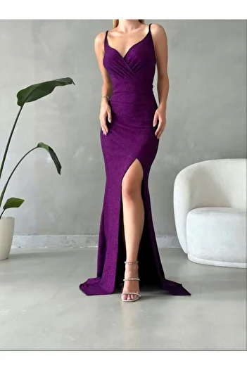 Bellucia Sequin Textured Slit Detailed Strap Evening Dress