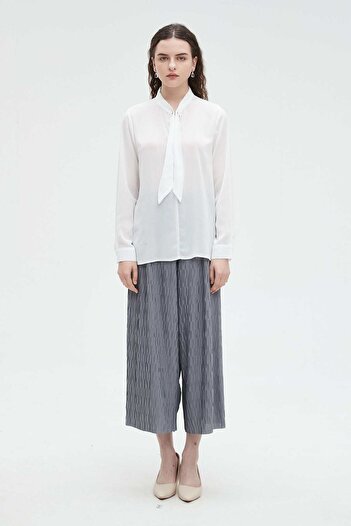 Nichii Women's Solid Long Sleeve Blouse with Neck Tie
