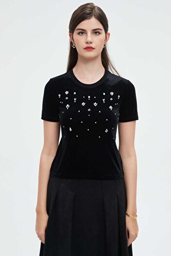 Nichii Women's Solid Short Sleeve Top with Round Neck