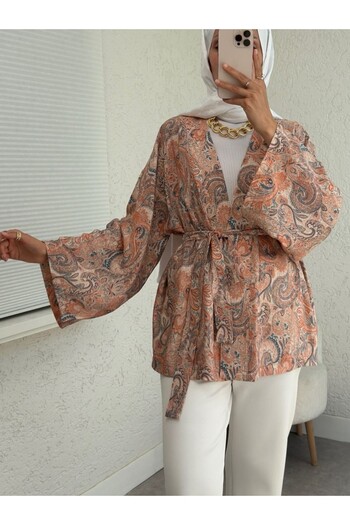 Modamorfo Ethnic Patterned Lace-Up Kimono -Yavruağzı