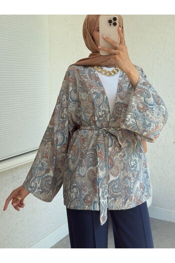 Modamorfo Ethnic Patterned Lace-Up Kimono - Light Gray