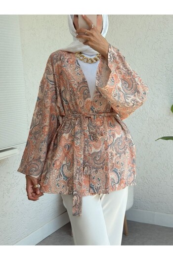 Modamorfo Ethnic Patterned Lace-Up Kimono -Yavruağzı