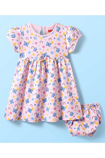 Babyhug Single Jersey Knit Half Sleeves Floral & Butterfly Frock Bow Applique & Bloomer-Pink