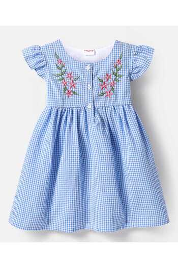 Babyhug Frill Sleeves Anti Bacterial Checkered Frock Floral Embroidery Bloomer & Headband-Light Blue
