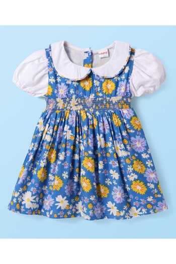 Babyhug Puffed Sleeves Frock With Floral Print & Bloomer - Blue & White