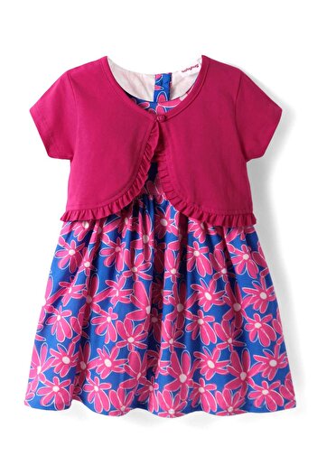 Babyhug Cotton Floral Printed Frock with Solid Shrug - Blue & fuchsia