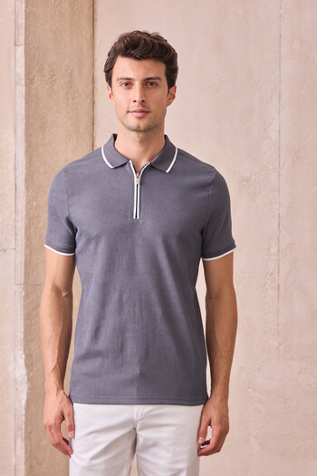 Pietra Paul Men's Zippered Stripe Detailed Polo Neck T-Shirt