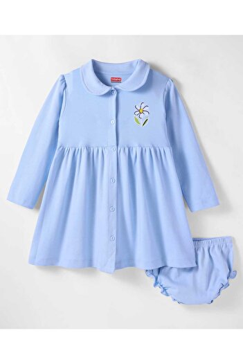 Babyhug Cotton Knit Full Sleeves Floral Printed Frock With Bloomer - Light Blue