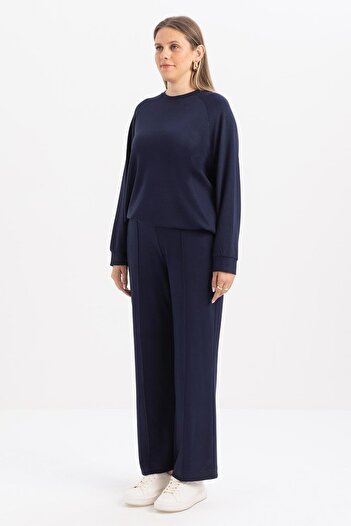 ALLDAY Navy Blue-Large Leg Slit Lycra Knitted Trousers