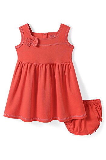 Babyhug Solid Frock With Bow Applique & Bloomer - Red
