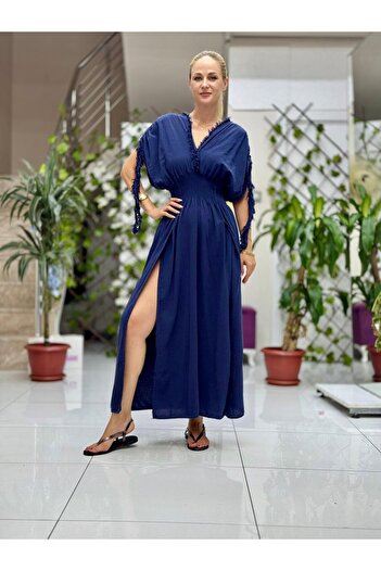 Punta Otantik PT242500 Rochie din bumbac cu decolteu elastic, cu ciucuri la umeri, cu deschidere adâncă, albastru bleumarin