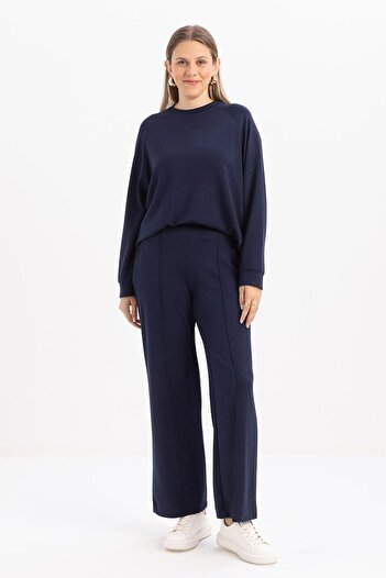 ALLDAY Navy Blue-Large Leg Slit Lycra Knitted Trousers
