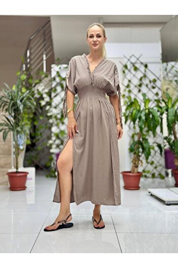 Punta Otantik Pt242500 Elastic Waist Collar Shoulder Tassels Deep Slit Cotton Dress Mink
