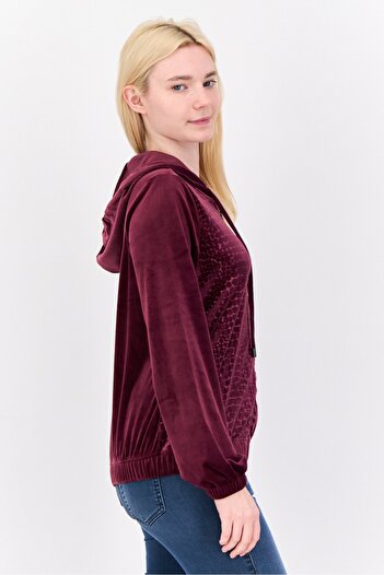 Cable&Gauge Women Textured Long Sleeves Hooded Sweatshirt, Maroon