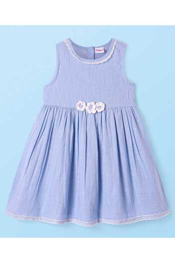 Babyhug Cotton Floral Appliqued Frock With Bloomer & Headband - Blue