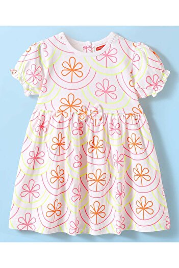 Babyhug Puffed Sleeves Floral Printed Frock with Bow Applique & Bloomer - White