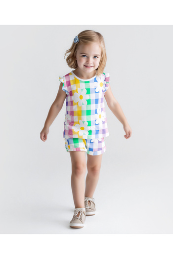 Bonfino 100% Cotton Floral Gingham Printed T-Shirt and Shorts Set - Multicolor