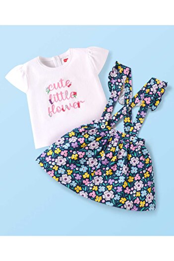 Babyhug Cap Sleeves Top & Skirt Set With Floral Print & Attached Suspender - White & Navy Blue