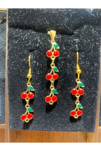 Stoneday Gold Plated Cherry Dangle Earring Necklace Set of 2 Summer