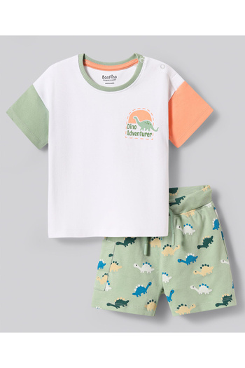 Bonfino 100% Cotton Knit Half Drop Shoulder Sleeve T-Shirt & Shorts Set -White & Olive Green