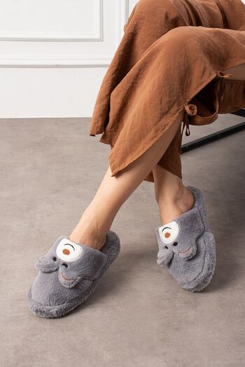 NOVİNS Cute Plush Teddy Bear Figured Embroidery Embroidered Non-Slip Non-Slip Light Sole House Slippers