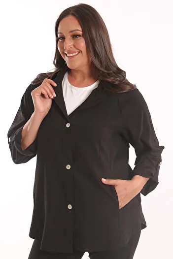 Metpoint Trend42Plus Large Size Hooded and Button Detailed Black Trench Coat