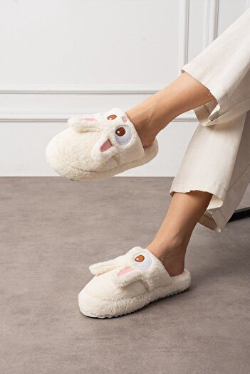 NOVİNS Cute Rabbit Figured Embroidery Embroidered Non-Slip Non-Slip Light Sole House Slippers