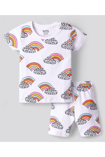 Bonfino T-Shirt & Cycling Shorts Set with Rainbow Print - White