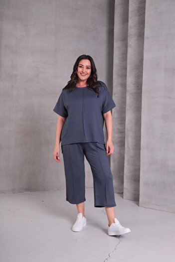 Ebsumu Γυναικείο Σετ Φούτερ Plus Size Comfortable Fit Sho Fabric Capri Smoked