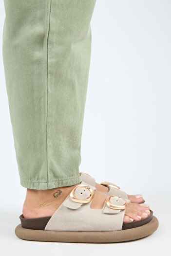 Manijero Narducci Women's Genuine Leather Double Buckle Beige Slippers