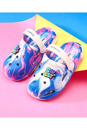 Babyoye Clogs with Back Strap & Text Applique - Blue & Cream