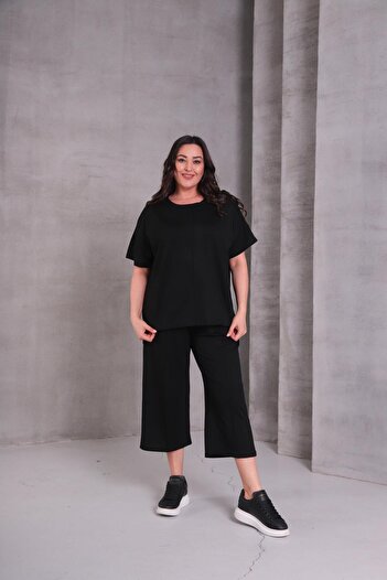 Ebsumu Γυναικείο Σετ Φούτερ Plus Size Comfortable Fit Sho Fabric Capri Μαύρο