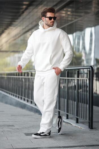 Madmext Ανδρική αθλητική φόρμα Ecru Hooded E7324